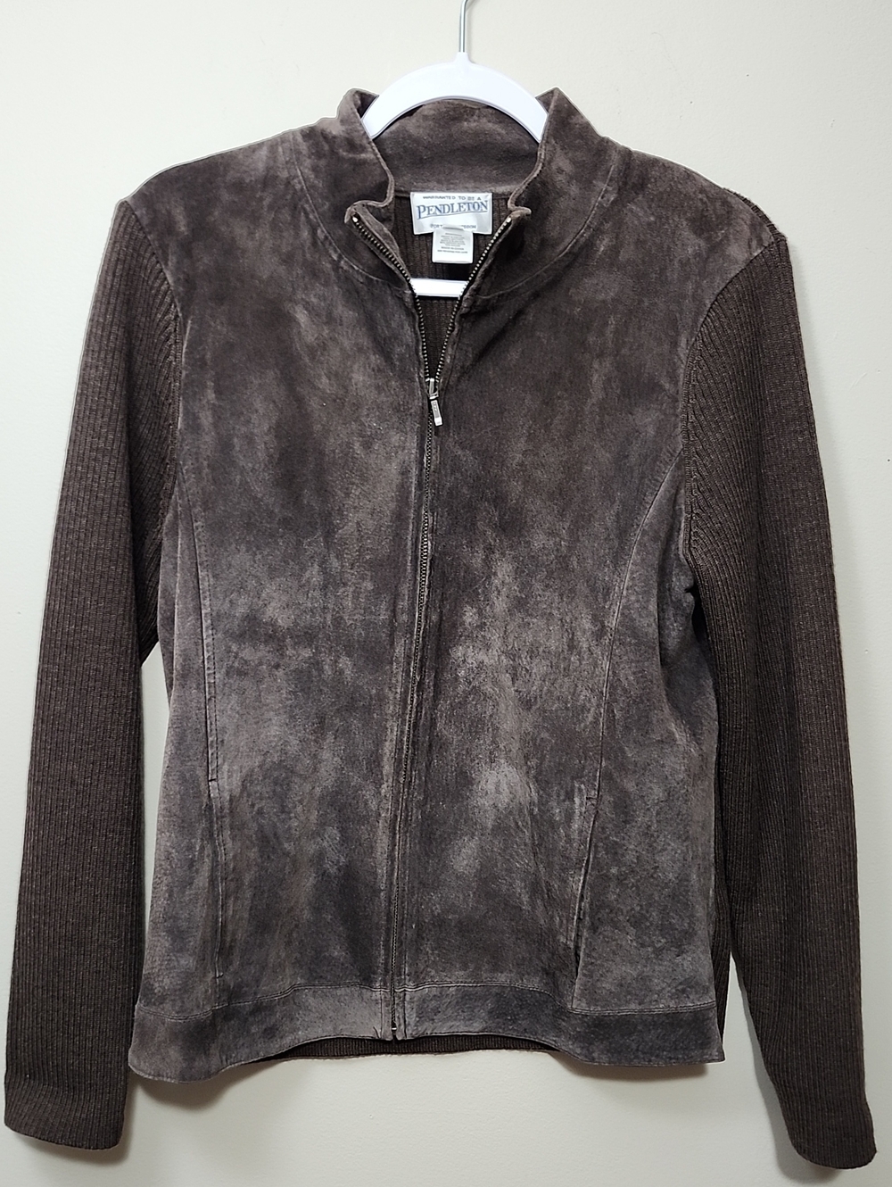 Pendleton Suede Leather Merino Wool Zip Sweater Jacket Chocolate Brown M Vintage